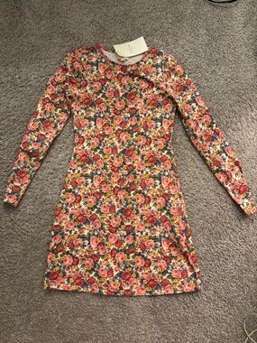 Sezane Floral Long Sleeve Dress in Pink, Yellow, Green